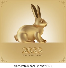 New year 2023 Rabbit Zodiac sign.Realistic golden rabbit. 3d Gold metallic Bunny. Vector illustration