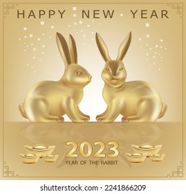 New year 2023 Rabbit Zodiac sign.Realistic golden rabbit. 3d Gold metallic Bunny. Vector illustration