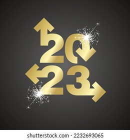 New Year 2023 resolutions arrows economic guidelines for golden color 2023 business success black typography black background logo icon with sparkle firework