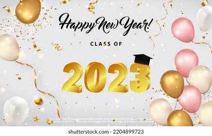 New Year 2023 school college education study concept Design with graduation academic cap. Happy New Year 2023 with confetti new year, christmas celebration. Gold graduation class of 2023. Vector EPS10