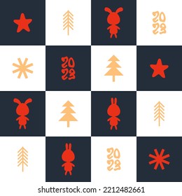 New Year 2023 seamless pattern with hares and Christmas trees. Geometric print for tee, paper, fabric, textile. Retro style vector illustration for decor and design. 

