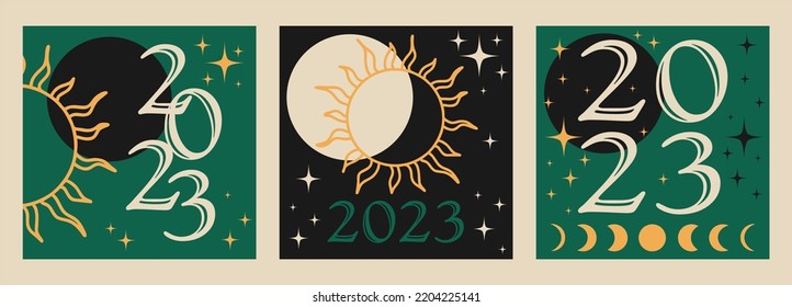 New year 2023. Set of posters in boho style. Numbers, phases of the moon and stars. Template for printing postcards, banners, covers and more.