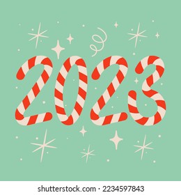 New Year 2023 in shape of candy stick isolated on ice blue. Striped holiday candies vector illustration. Snowflakes, sparkles and shines. Xmas concept.
