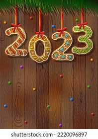 New Year 2023 in shape of gingerbread against wood background. Year number like cookies on ribbon