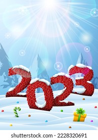 New Year 2023 in shape of knitted fabric in snow. Winter landscape with crocheted year number, top lighting