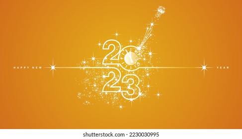 New Year 2023 shining line design typography with clock countdown and sparkler firework white orange yellow background vector