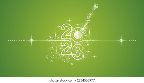 New Year 2023 shining line design typography with clock countdown and sparkler firework white lucky green background vector