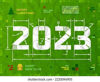 New Year 2023 as technical blueprint drawing. Drafting of 2023 on crumpled paper