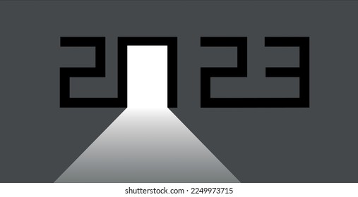 Nuevo año 2023 texto con luz blanca de puerta abierta , tarjeta de saludo , cartel de plantilla. 