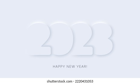 Diseño tipográfico de Año Nuevo 2023. Ilustración de números neumórficos 2023. Composición de formas de degradado mínimo. Afiche de Navidad, cartel de año nuevo con efecto Neumórfico. Fondo de la tarjeta de felicitación. Vector