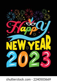 Nuevo año 2023 tipografía diseño vectorial de camisetas, Feliz año nuevo