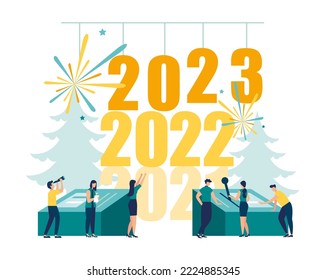 New Year 2023 Vector illustration little people are preparing for the New Year, are engaged in decoration, the inscription New Year 2023