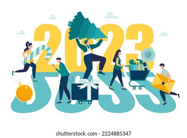 New Year 2023 Vector illustration little people are preparing for the New Year, are engaged in decoration, the inscription New Year 2023