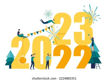 New Year 2023 Vector illustration little people are preparing for the New Year, are engaged in decoration, the inscription New Year 2023