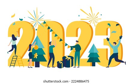 New Year 2023 Vector illustration little people are preparing for the New Year, are engaged in decoration, the inscription New Year 2023