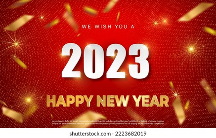 New year 2023 white numbers on red background with gold glitter confetti and fireworks. Festive New Year party for invitation card, Christmas, Happy new Year, greeting cards, poster, banner. Vector