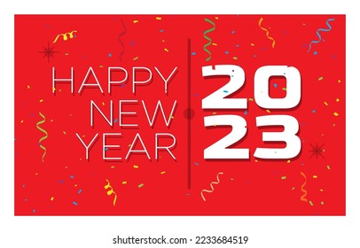 Nuevo año 2023 texto blanco sobre fondo rojo con elementos de celebración 