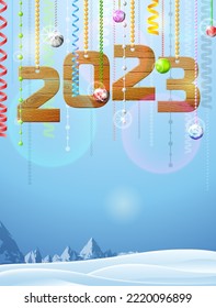 New Year 2023 of wood like christmas ornament. Winter daytime landscape with copy space