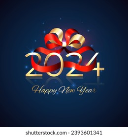 New Year 2024, 24. Holiday greeting card. 2024 with red golden ribbon bow on blue background. New Year design for invitation, calendar, greeting card. Shiny gold logo. Party event decoration, vector