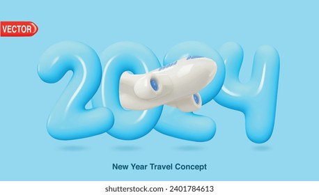 New Year 2024 3d text with airplane flying. Around the world traveling by plane, 3d vector rendering, travel concept.
