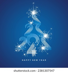 New Year 2024 abstract Christmas tree made by multiply line design 2024 year numbers shining sparkle firework blue background greeting card