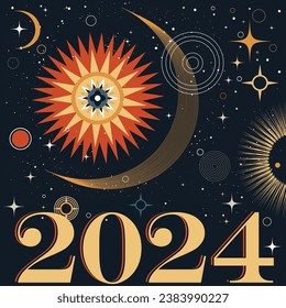 New Year 2024 Astrological Space background in blue gold orange. Sun crescent moon star zodiac esoteric universe signs vector illustration 