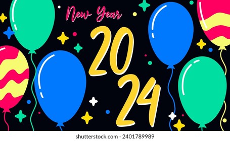 New year 2024 background design. Design using balloon. star and use neon color. Use this design to make postcards, posters, banner, wallpaper, backdrops or anything else.