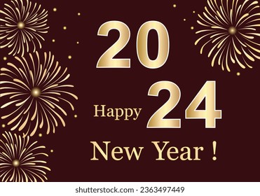 New Year 2024 background with golden numbers and fireworks. Vector illustration	