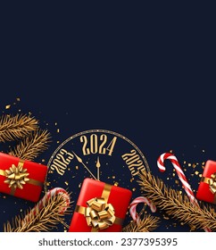New Year 2024 background with golden countdown clock, fir branches and red gift boxes. Vector illustration.