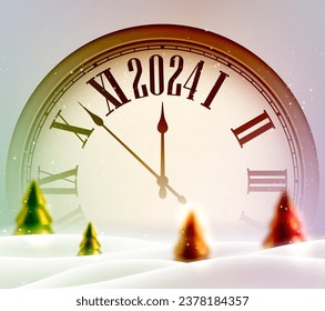 New Year 2024 background with retro style clock face countdown to midnight. Shiny christmas trees with snowdrift. Vector illustration.