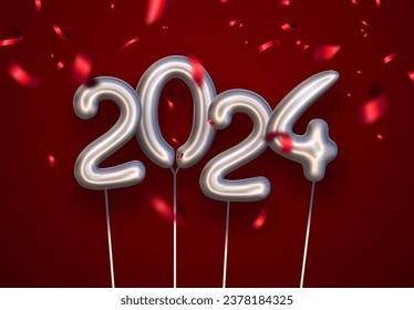 Fondo de Año Nuevo 2024 con números de globos inflados de plata con papel rojo desenfocado confetti. Ilustración vectorial.