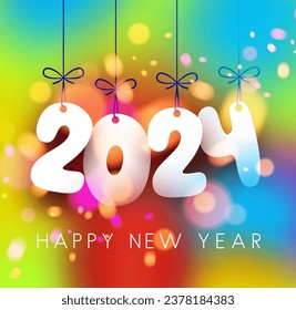 New Year 2024 background with white paper numbers with shadows on background made of blurred bright multicolored light spots. Vector illustration.