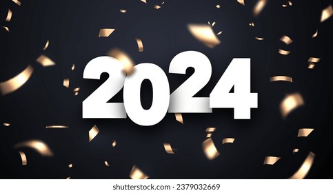 Fondo de Año Nuevo 2024 con números de papel blanco con lámina dorada, confetti borroso sobre fondo oscuro. Ilustración vectorial.