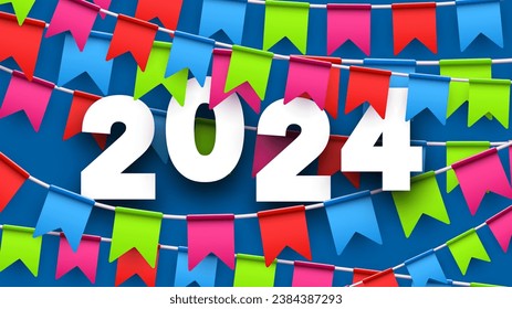 New Year 2024 background with white paper numbers with shadows on background made of colorful carnival garlands with flags. Vector illustration.