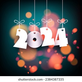 New Year 2024 background with white paper numbers with shadows on background made of blurred orange light sparkles. Vector illustration.