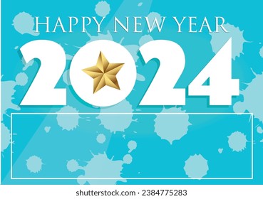 Nuevo año 2024 fondo con números blancos que tienen una estrella dorada sobre azul claro con salpicaduras. Vector 2024