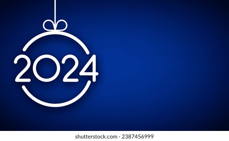 New Year 2024 background with white paper numbers in round Christmas ball with shadows on blue background. Vector illustration.