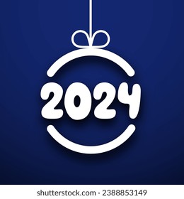 New Year 2024 background with white paper numbers in round Christmas ball with shadows on blue background. Vector illustration.