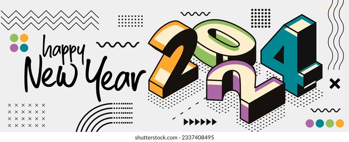 new year 2024 banner design with modern geometric abstract background in retro style. happy new year greeting card cover for 2024 calligraphy typography with colorful shapes. isometric vector.