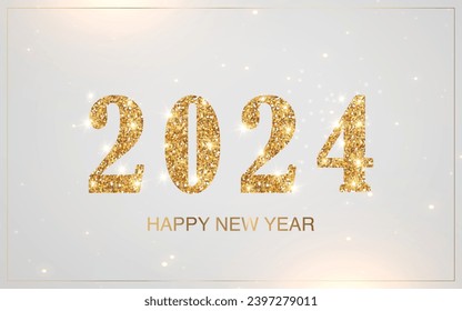 NEW YEAR 2024 BANNER WITH WHITE ILLUMINATED BACKGROUND AND SPARKLING GOLD 2023 TEXT IN EDITABLE VECTOR.