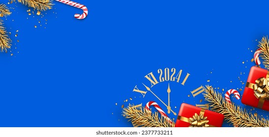 New Year 2024 blue background with golden countdown clock, fir branches and red gift boxes. Vector illustration.