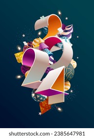 New year 2024. Bright 3D numbers with colorful Christmas decoration. Greeting card design. The image was created without the use of any form of AI.