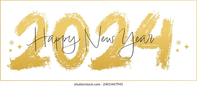 Año Nuevo 2024 con letras de mano cepilladas. Composición caligráfica de oro. Diseño de vacaciones vectoriales.