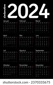 new year 2024 calendar, for corporate, modern and clean, sleek style, vector template format, weeks starts on monday, black background, vertical style