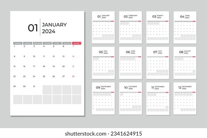 New year 2024 calendar. week start Monday corporate design template vector. 2024 Calendar planner. Calendar planner template with 12 months. Yearly stationery diary. Vector illustration