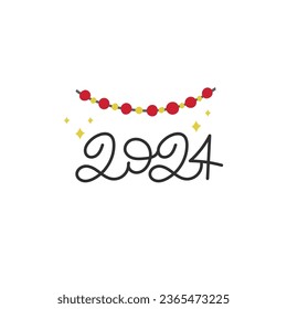 New Year 2024 calligraphy phrase with garland. Handwritten modern lettering for new year cards, posters, t-shirts, decor etc.