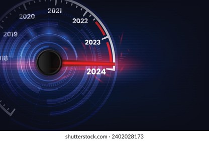 Velocímetro de coche para el año 2024, indicador rojo sobre el fondo negro del desenfoque