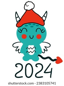 New Year 2024 card template with happy dragon cartoon character. Perfect for tee, poster, sticker. Doodle vector illustration.