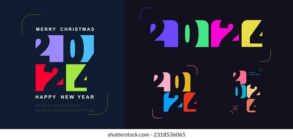 New Year 2024 celebrations colored greetings poster isolated over black background. 2024 Happy New Year number. luxury design for greeting. Premium 2024 symbol vector design.