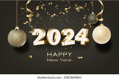 New year 2024 celebrations gold greetings poster isolated over black background.